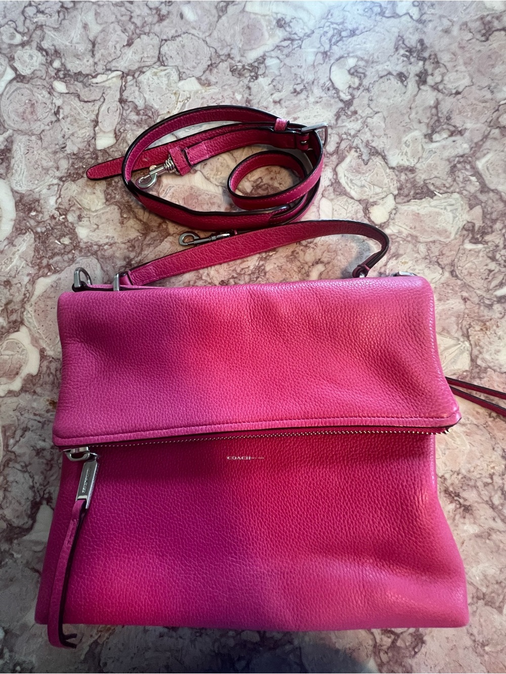 Coach Urbane Pebble Leather Fold-Over Crossbody Bag In Fuschia Pink Mint Rare
